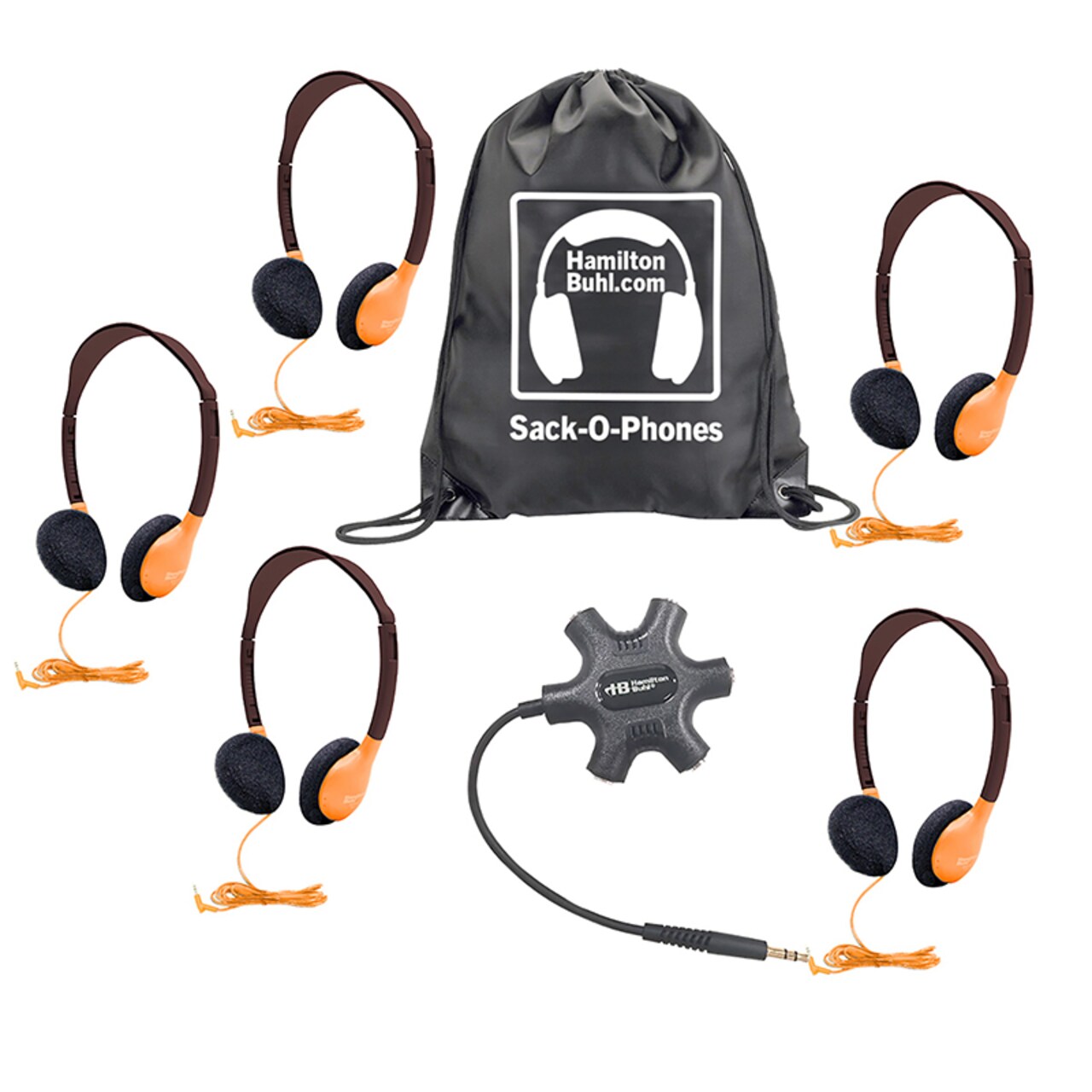 Galaxy&#x2122; Econo-Line Of Sack-O-Phones With 5 Orange Personal-Sized Headphones, Starfish Jackbox And Carry Bag